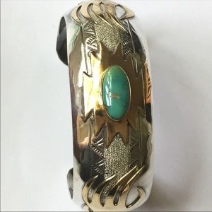 Navajo Roger Jones 12K gold and silver turquoise bracelet cuff